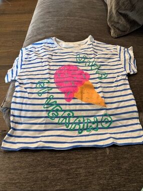 Zara White & Blue Striped Tee with Pink & Orange Ice Cream Graphic